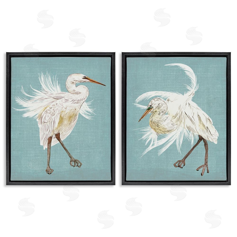 Melissa Wang Dancing Heron Birds White Feathers over Blue Black Floating Frame Canvas Wall Art Print