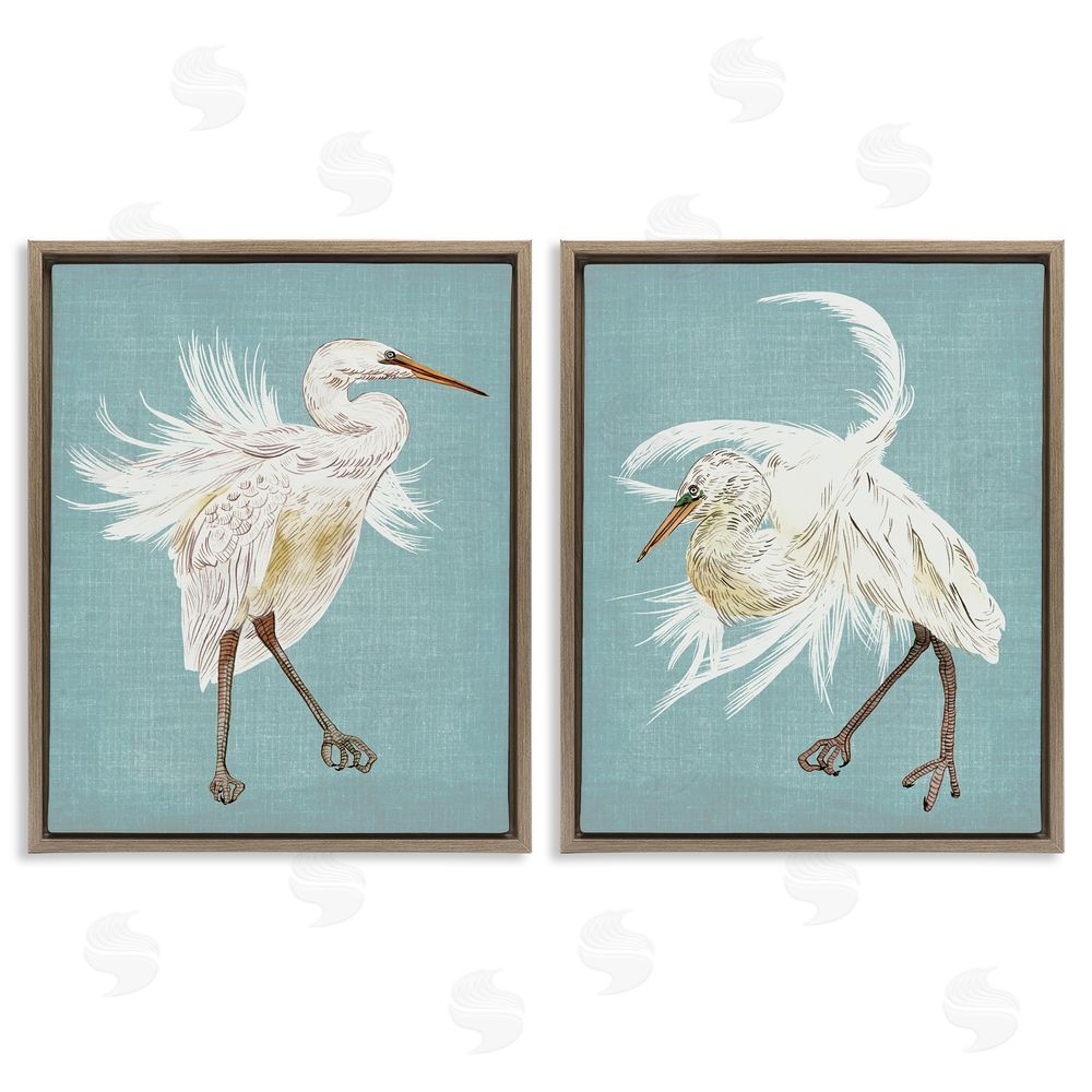 Melissa Wang Dancing Heron Birds White Feathers over Blue Brown Floating Frame Canvas Wall Art Print