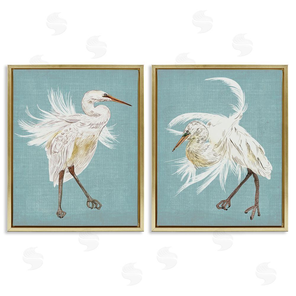 Melissa Wang Dancing Heron Birds White Feathers over Blue Gold Floating Frame Canvas Wall Art Print