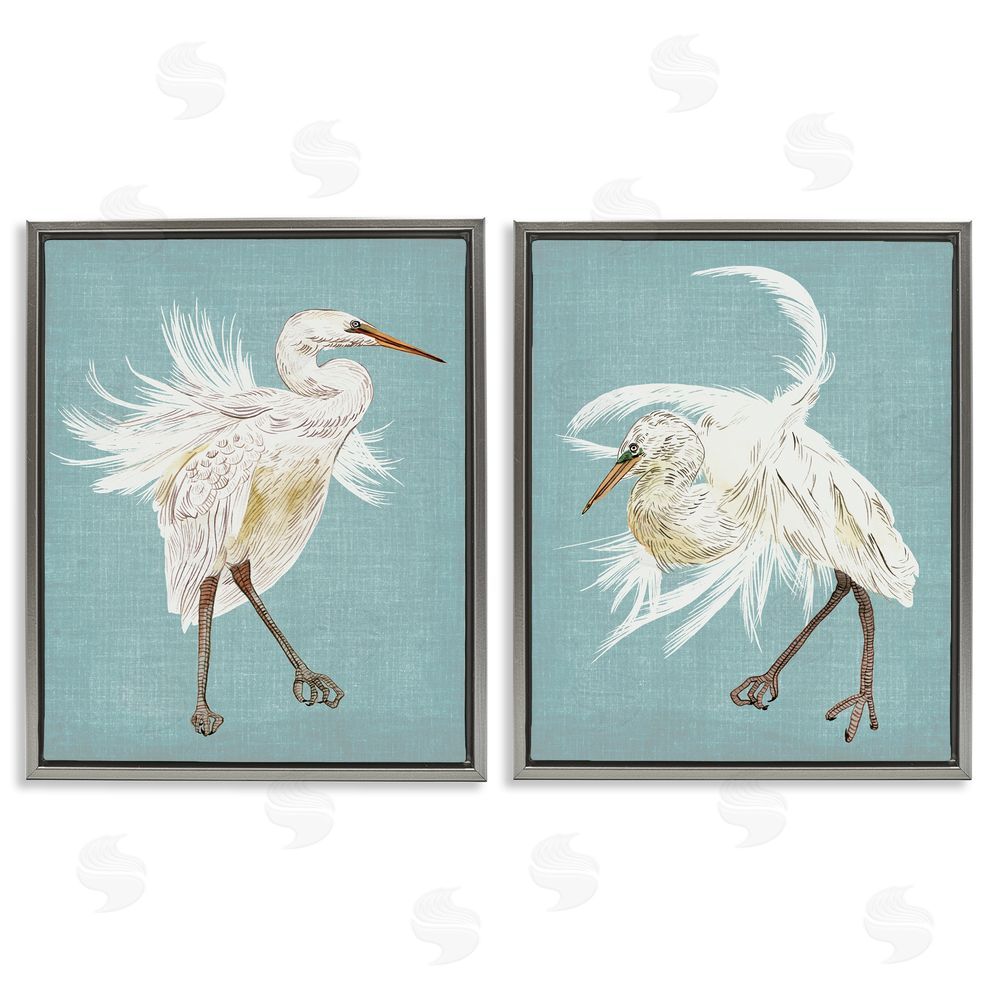 Melissa Wang Dancing Heron Birds White Feathers over Blue Gray Floating Frame Canvas Wall Art Print