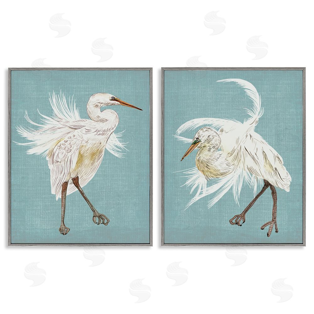 Melissa Wang Dancing Heron Birds White Feathers over Blue Gray Framed Giclee Wall Art Print