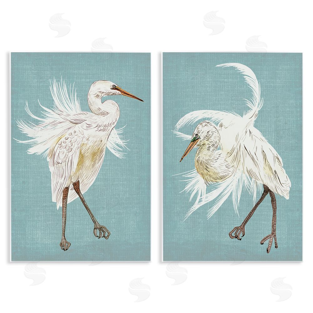 Melissa Wang Dancing Heron Birds White Feathers over Blue Wooden Wall Plaque Art Print