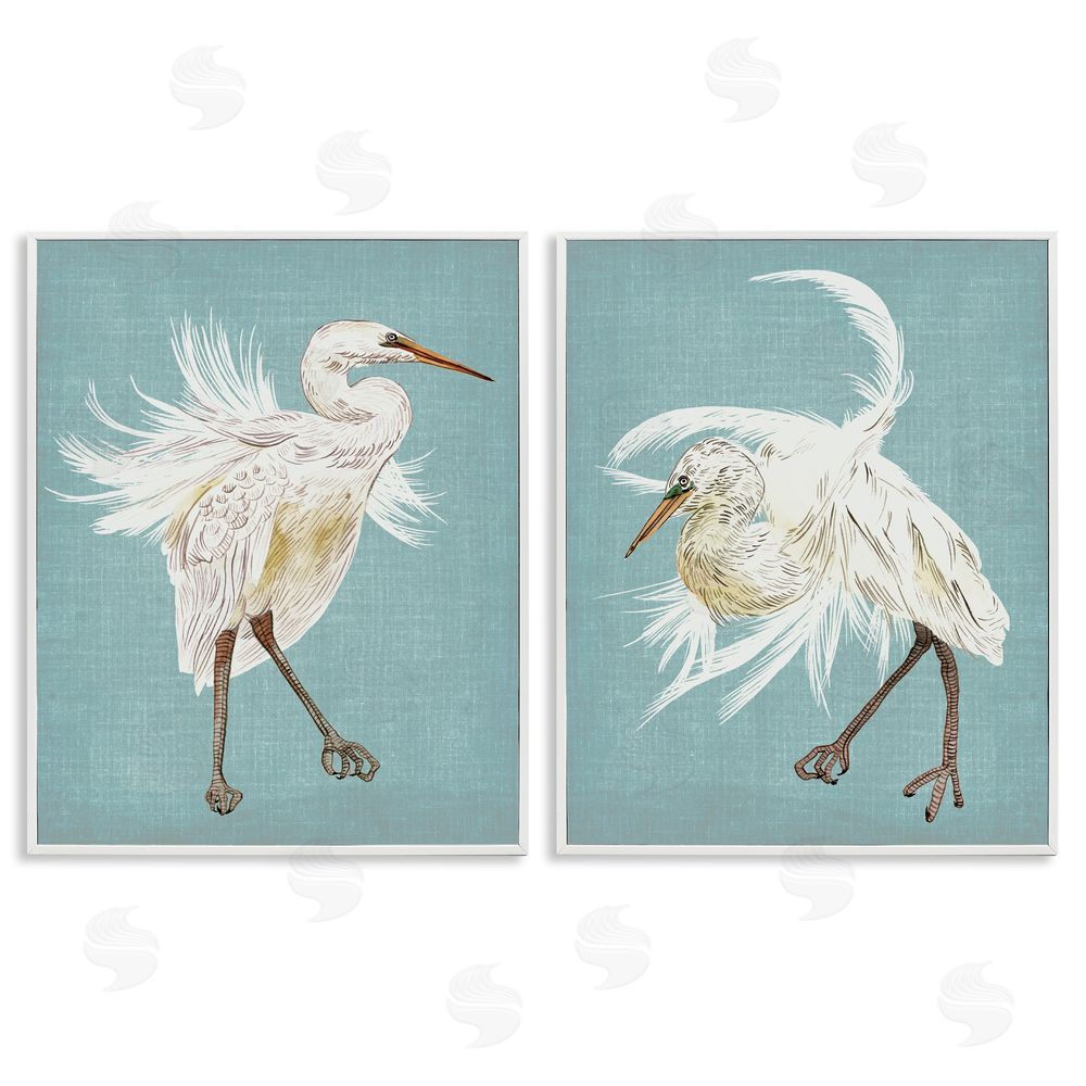 Melissa Wang Dancing Heron Birds White Feathers over Blue White Framed Giclee Wall Art Print