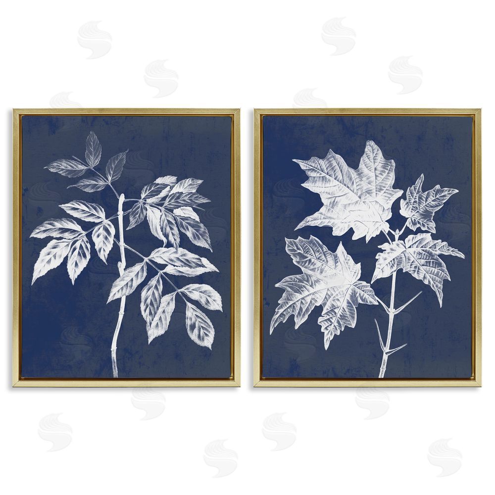 Stupell Studio Maple Leaf Elm Stem Vintage Illustration Gold Floating Frame Canvas Wall Art Print