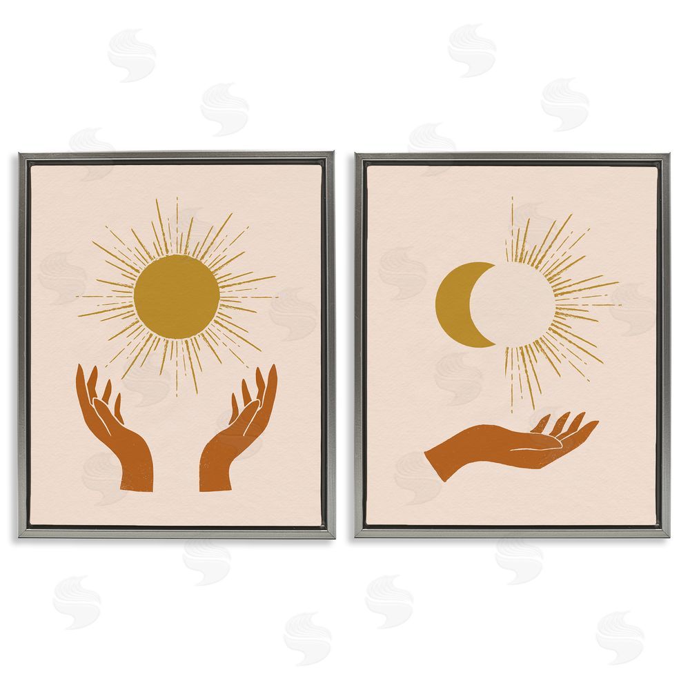 Victoria Barnes Boho Chic Hands Embracing Enlightened Eclipsed Sky  Gray Floating Frame Canvas Wall Art Print