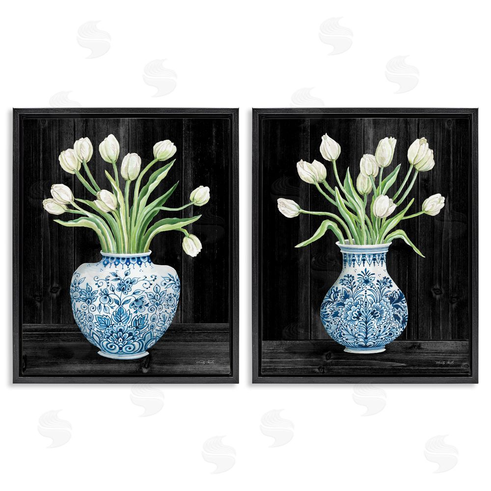 Cindy Jacobs White Tulips Chinese Ceramic Urn Pattern Black Floating Frame Canvas Wall Art Print