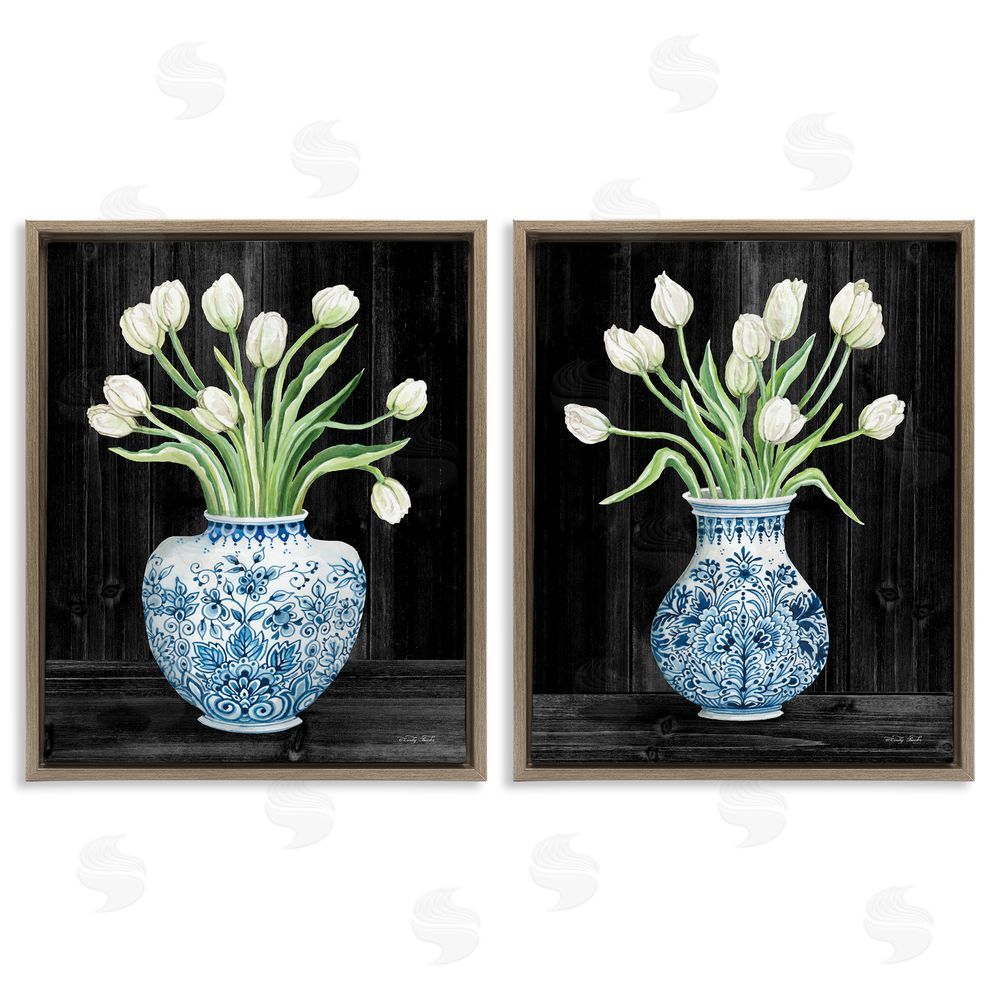 Cindy Jacobs White Tulips Chinese Ceramic Urn Pattern Brown Floating Frame Canvas Wall Art Print