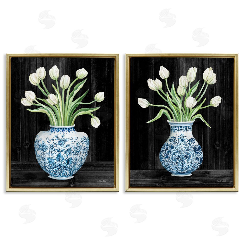 Cindy Jacobs White Tulips Chinese Ceramic Urn Pattern Gold Floating Frame Canvas Wall Art Print