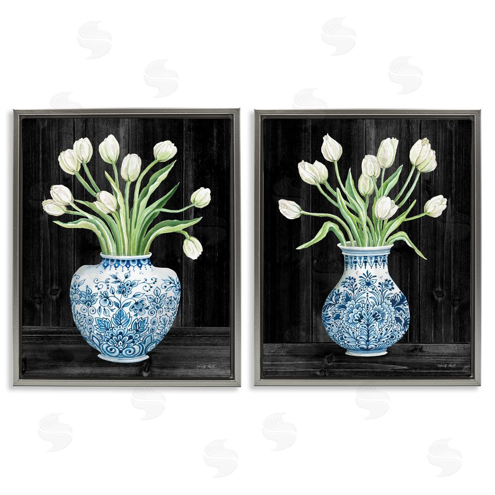 Cindy Jacobs White Tulips Chinese Ceramic Urn Pattern Gray Floating Frame Canvas Wall Art Print