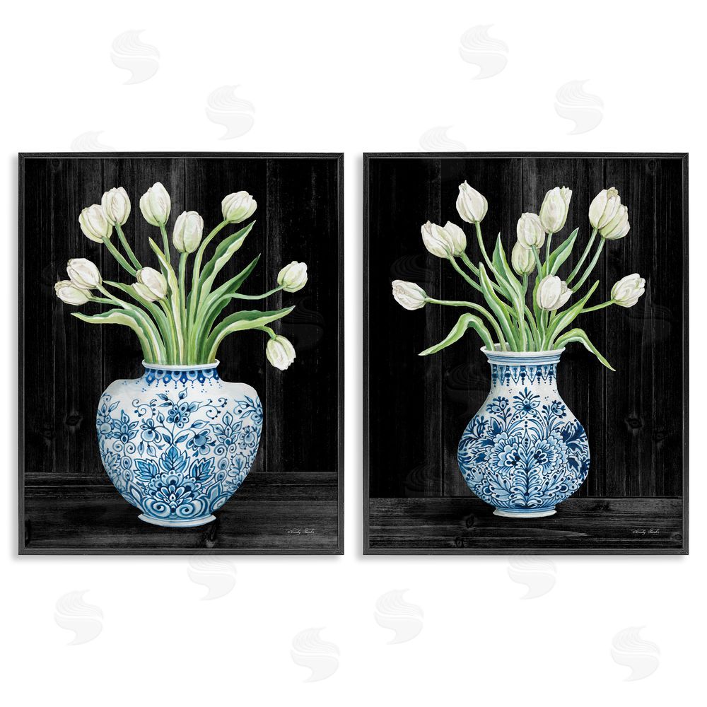 Cindy Jacobs White Tulips Chinese Ceramic Urn Pattern Black Framed Giclee Wall Art Print