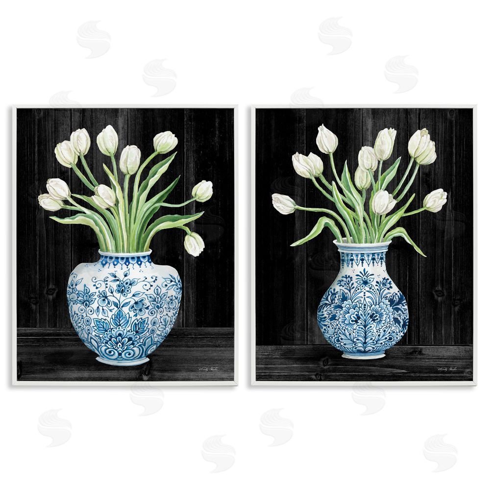 Cindy Jacobs White Tulips Chinese Ceramic Urn Pattern White Framed Giclee Wall Art Print