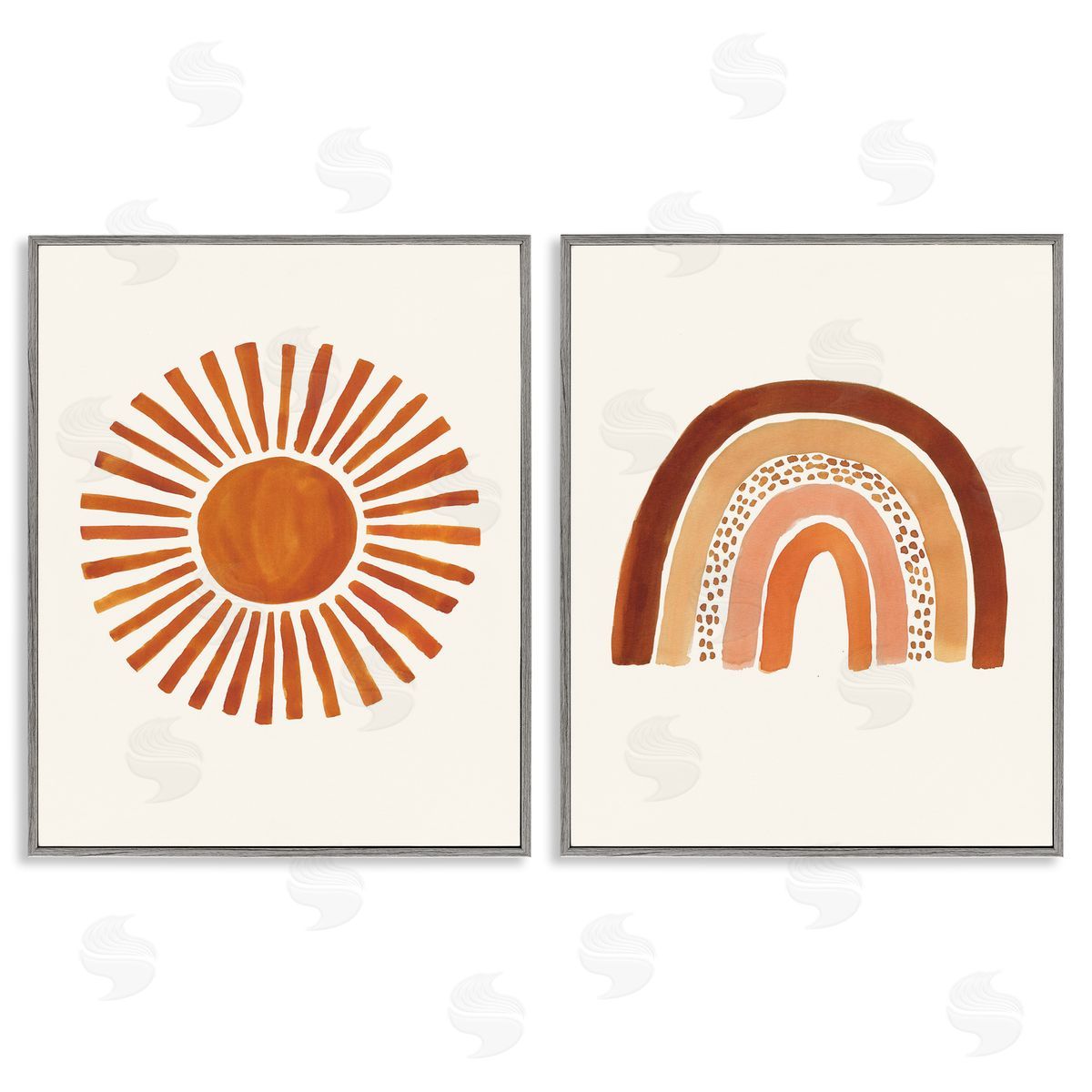 Orange Sun Patterned Rainbow Boho Grey Frame Print Wall Art, Home Decor by Heather McLaughlin