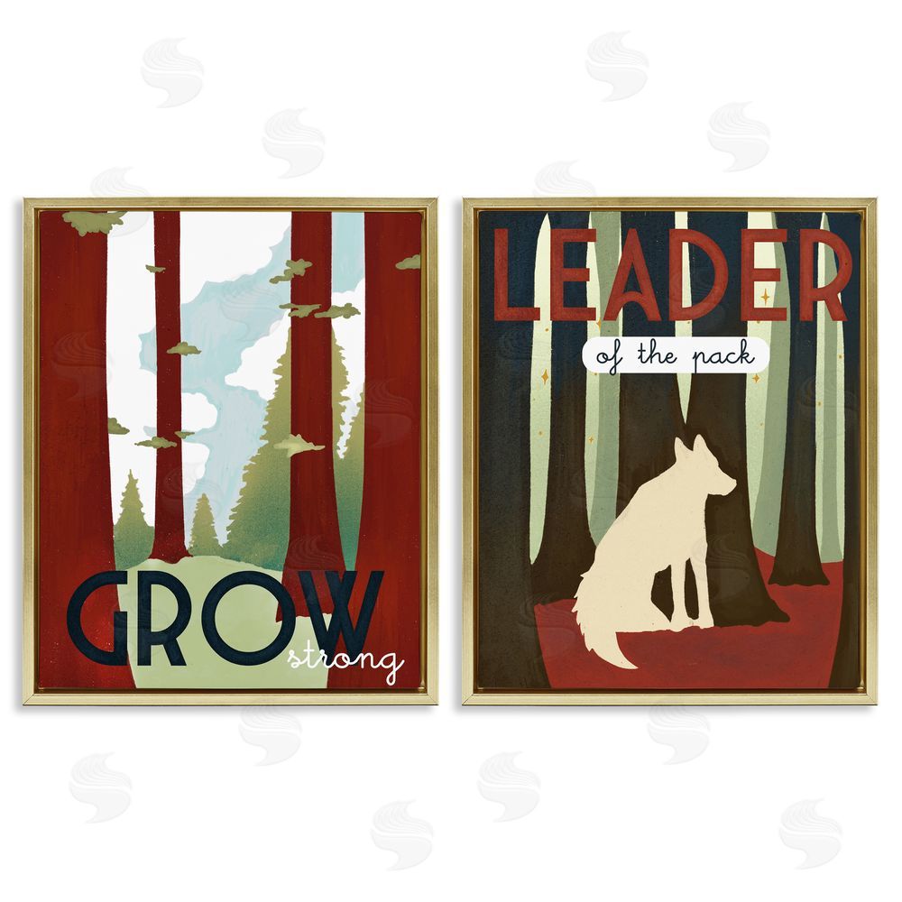 Stupell Studio Leader of Pack Growth Motivational Phrase Forest Wolf Gold Floating Frame Canvas Wall Art Print