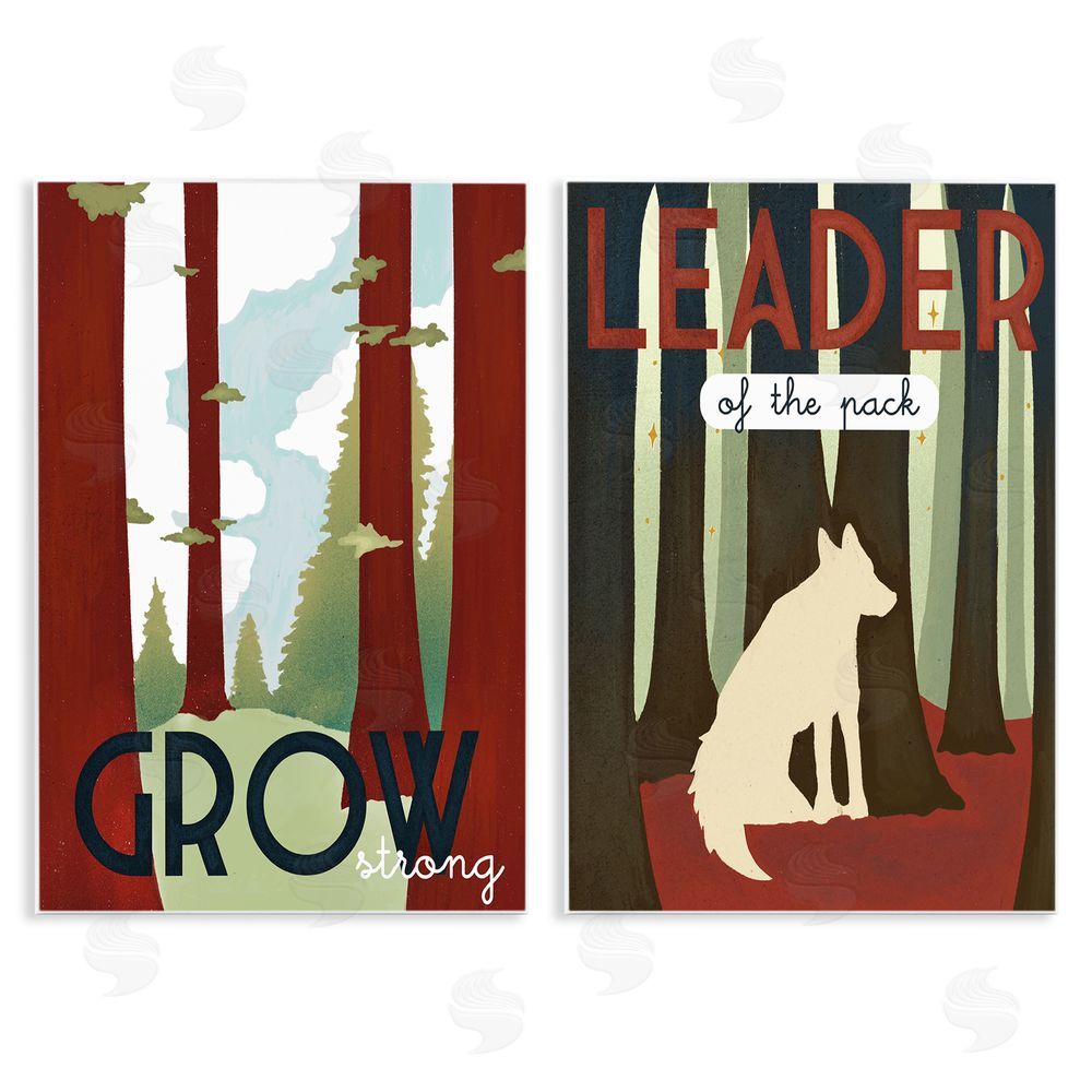 Stupell Studio Leader of Pack Growth Motivational Phrase Forest Wolf Wooden Wall Plaque Art Print