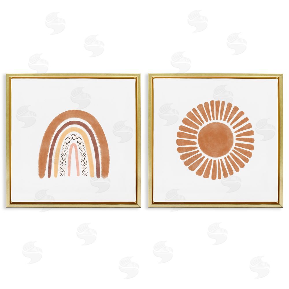 Taylor Shannon Designs Cute Patterned Rainbow & Sun Boho Kids Gold Floating Frame Canvas Wall Art Print