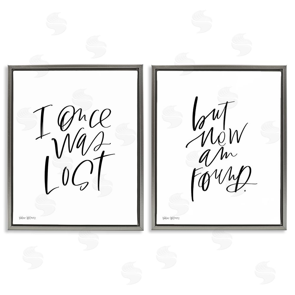 Valerie Wieners Lost Now Am Found Calligraphy Religious Gray Floating Frame Canvas Wall Art Print