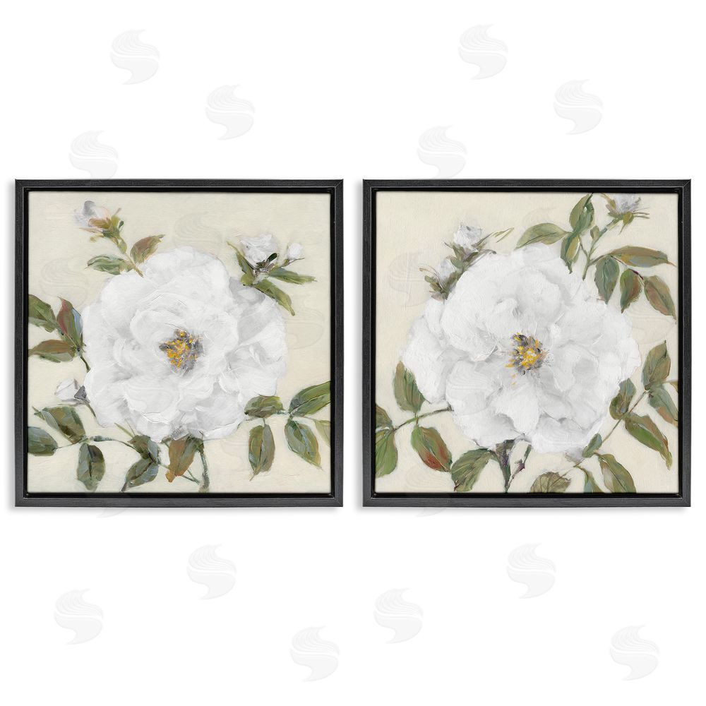 Sally Swatland Beautiful Classic Painted Flower With Green Leaves  Black Floating Frame Canvas Wall Art Print