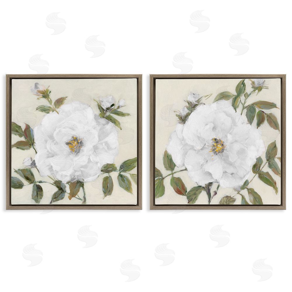 Sally Swatland Beautiful Classic Painted Flower With Green Leaves  Brown Floating Frame Canvas Wall Art Print