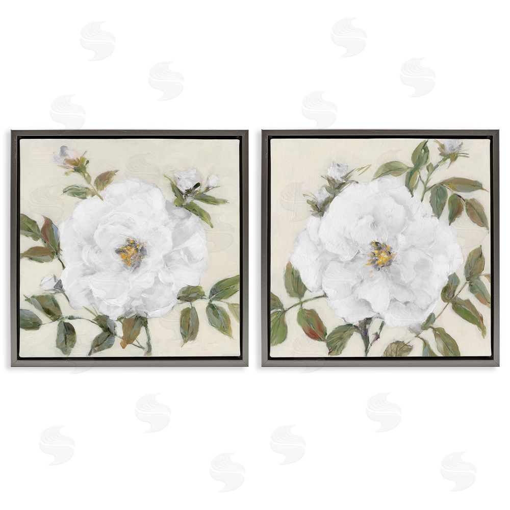 Sally Swatland Beautiful Classic Painted Flower With Green Leaves  Gray Floating Frame Canvas Wall Art Print