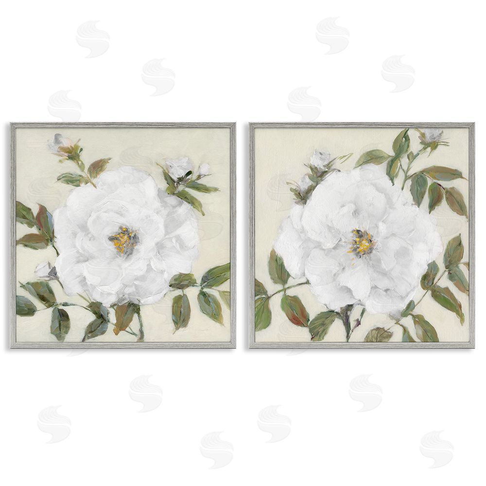 Sally Swatland Beautiful Classic Painted Flower With Green Leaves  Gray Framed Giclee Wall Art Print