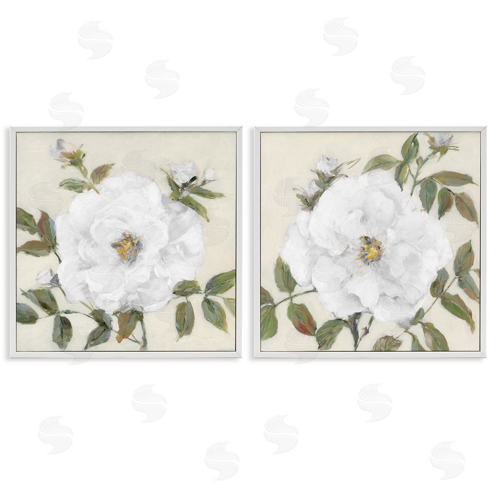 Sally Swatland Beautiful Classic Painted Flower With Green Leaves  White Framed Giclee Wall Art Print