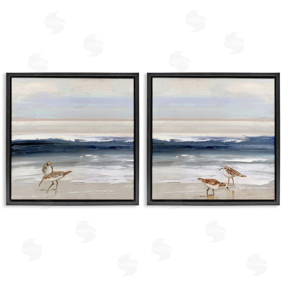 Sally Swatland Birds On Beach Shore Ocean Waves Landscape Black Floating Frame Canvas Wall Art Print