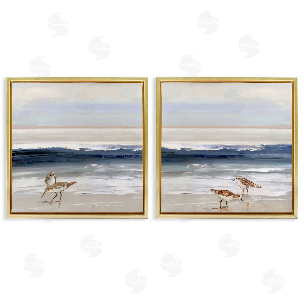 Sally Swatland Birds On Beach Shore Ocean Waves Landscape Gold Floating Frame Canvas Wall Art Print