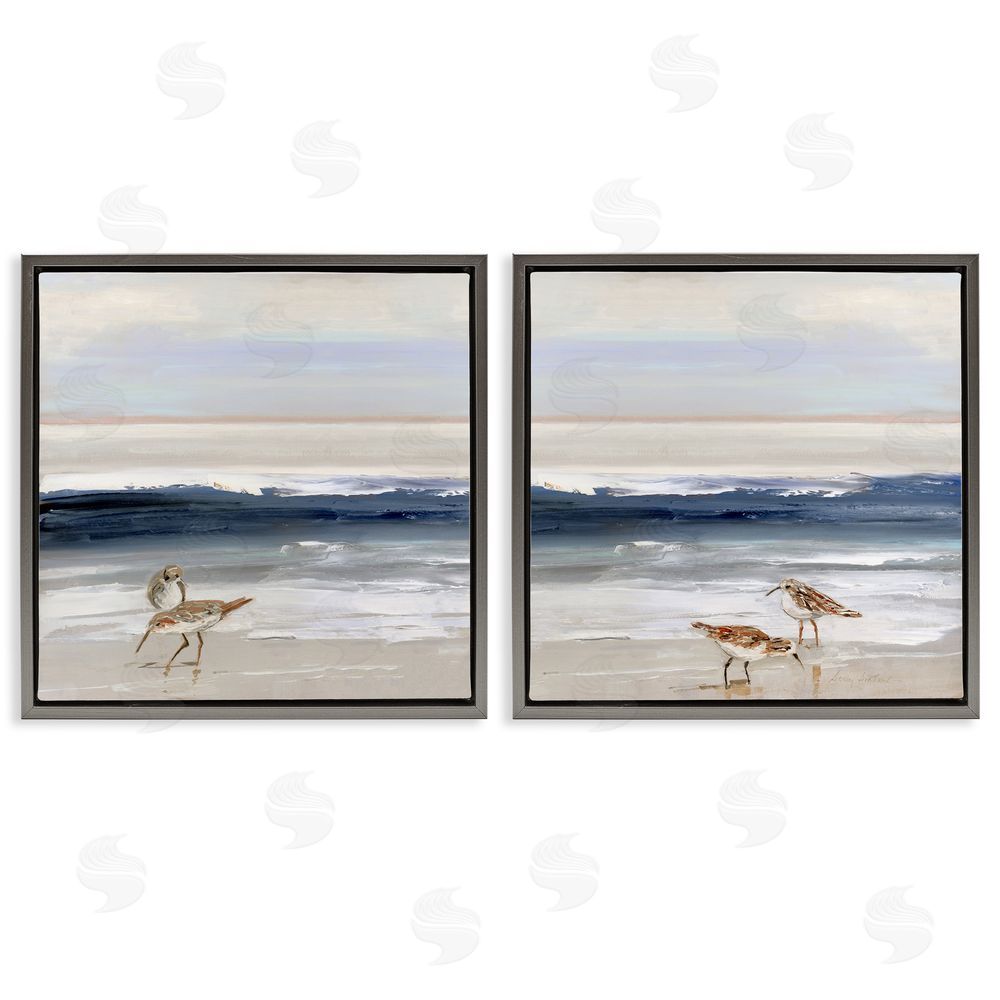 Sally Swatland Birds On Beach Shore Ocean Waves Landscape Gray Floating Frame Canvas Wall Art Print