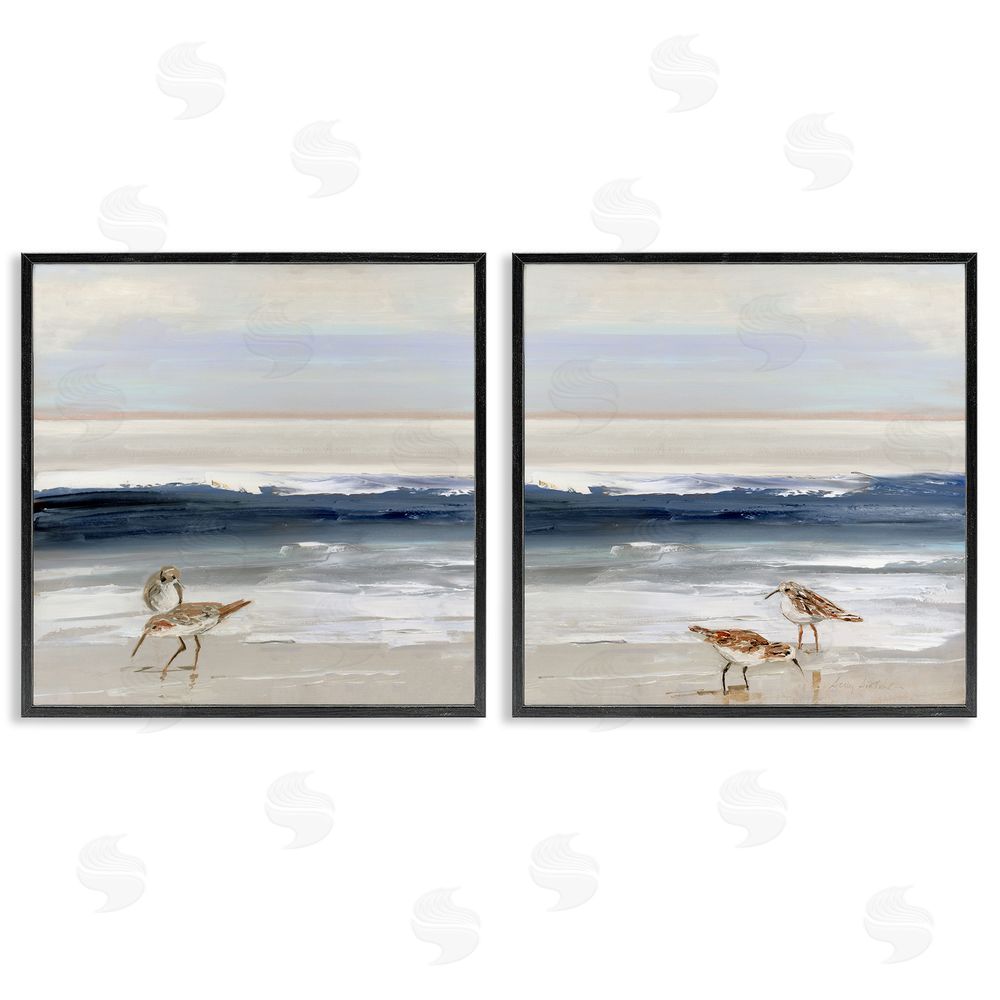 Sally Swatland Birds On Beach Shore Ocean Waves Landscape Black Framed Giclee Wall Art Print