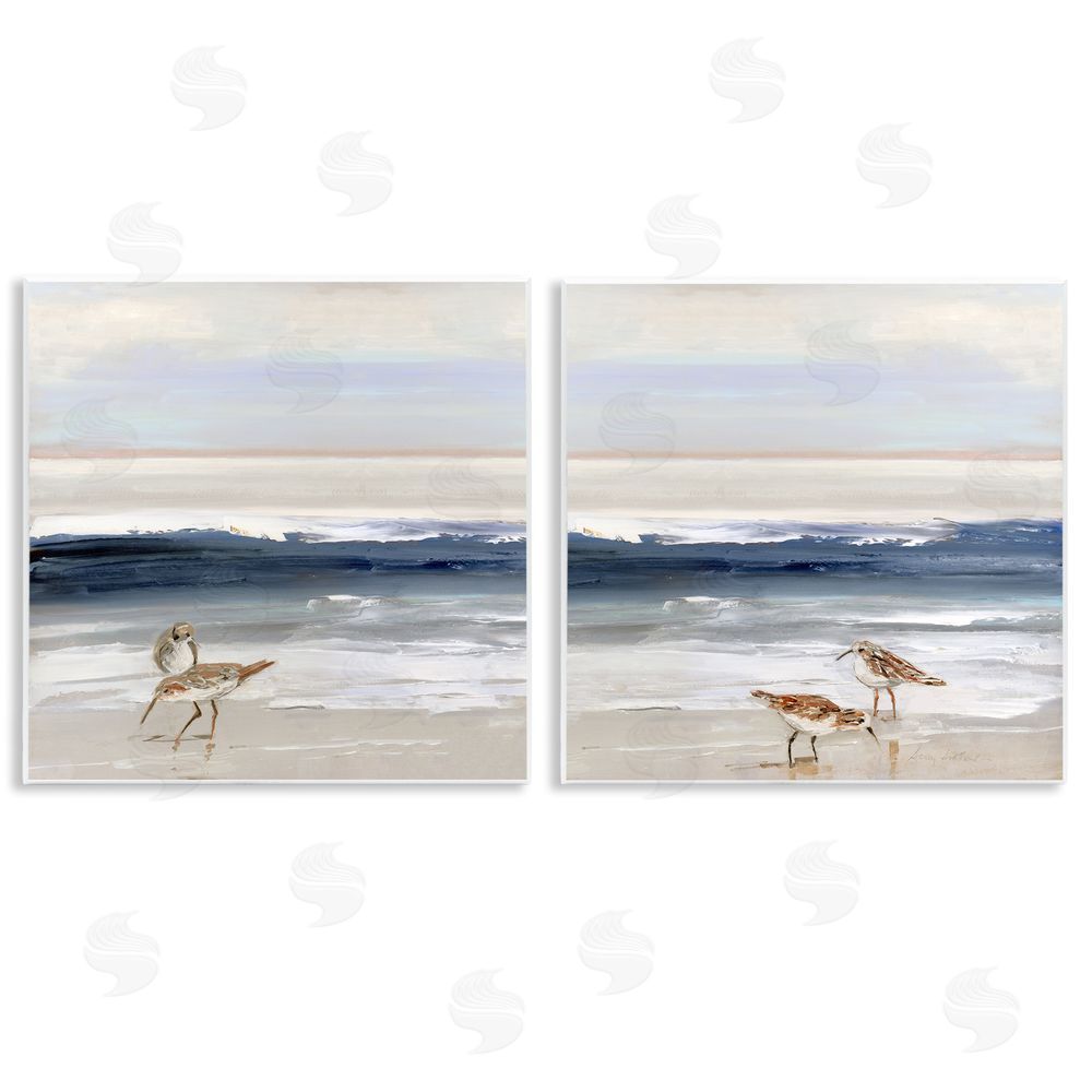 Sally Swatland Birds On Beach Shore Ocean Waves Landscape Wooden Wall Plaque Art Print