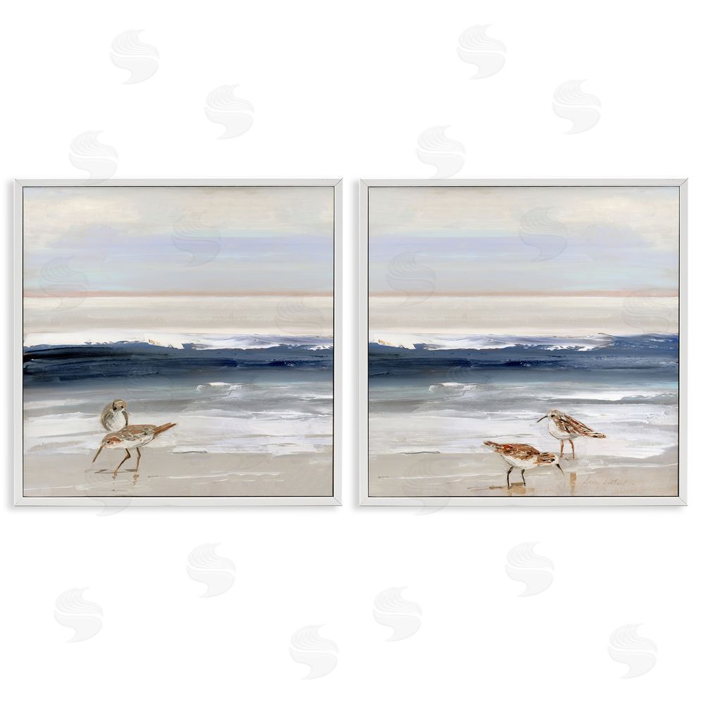 Sally Swatland Birds On Beach Shore Ocean Waves Landscape White Framed Giclee Wall Art Print