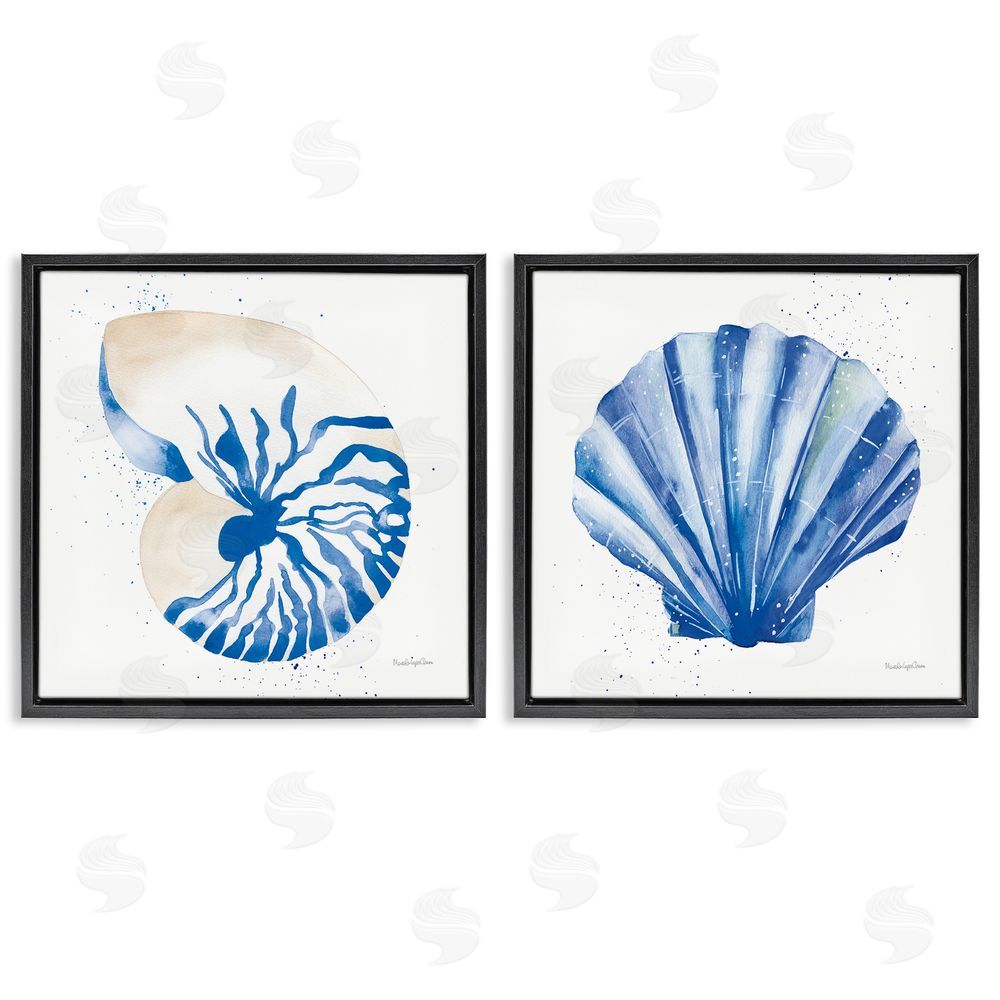 Mercedes Lopez Charro Serene Blue Seashell Clam Simple Design Black Floating Frame Canvas Wall Art Print