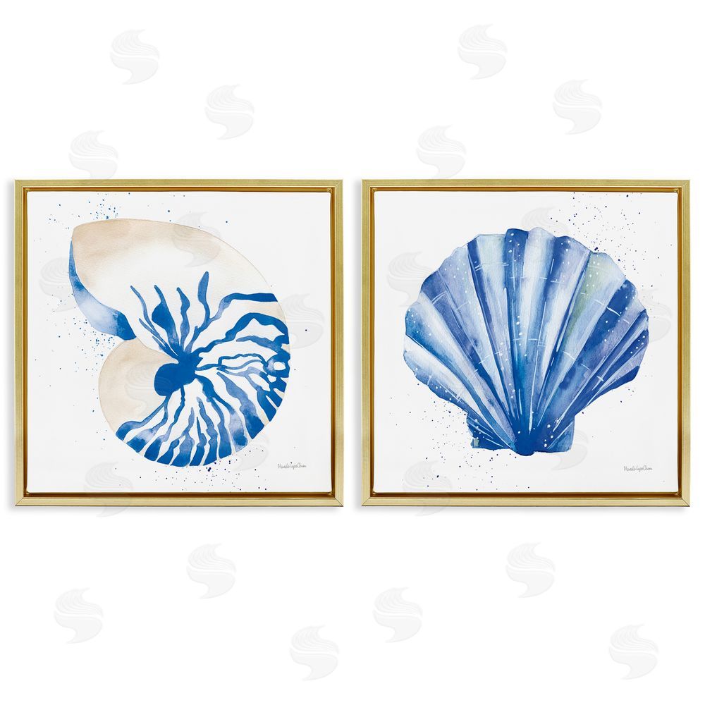 Mercedes Lopez Charro Serene Blue Seashell Clam Simple Design Gold Floating Frame Canvas Wall Art Print