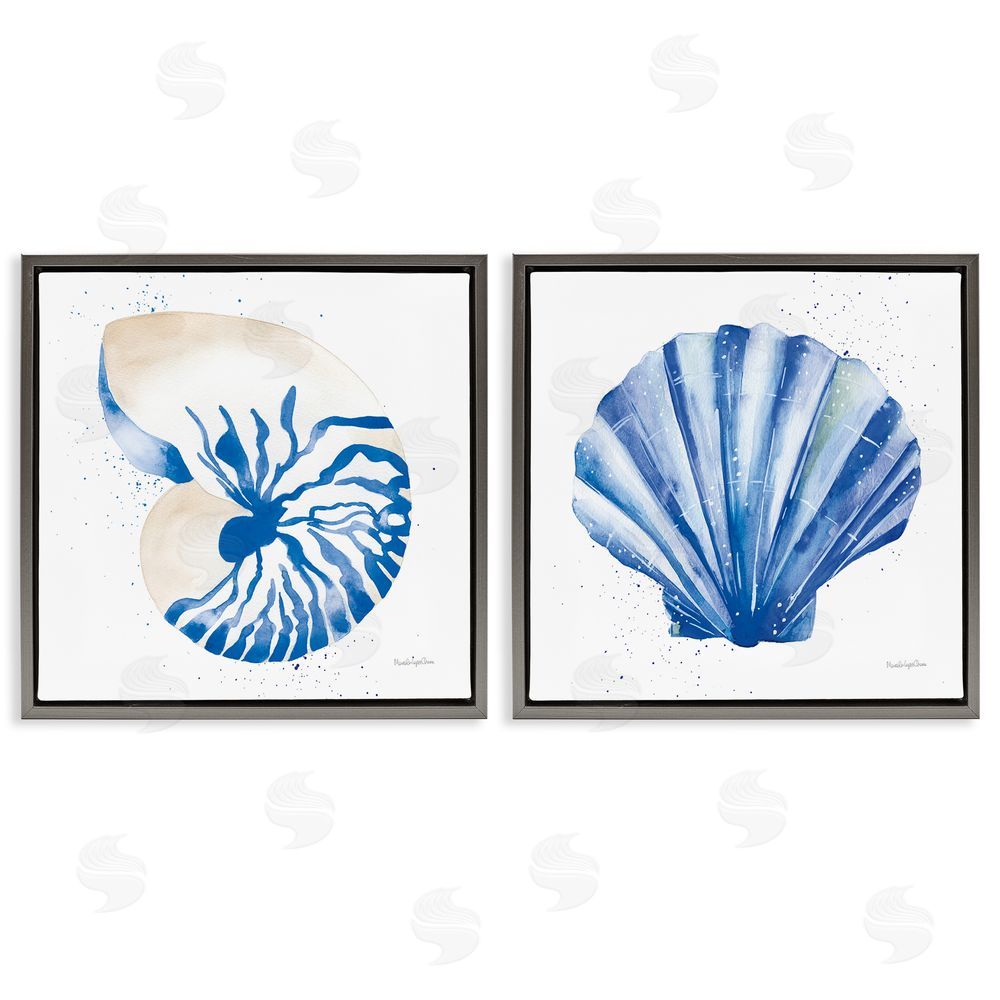 Mercedes Lopez Charro Serene Blue Seashell Clam Simple Design Gray Floating Frame Canvas Wall Art Print