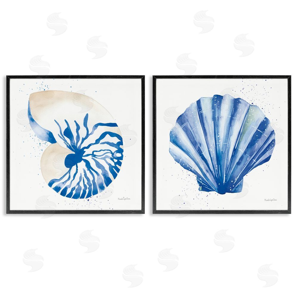 Mercedes Lopez Charro Serene Blue Seashell Clam Simple Design Black Framed Giclee Wall Art Print
