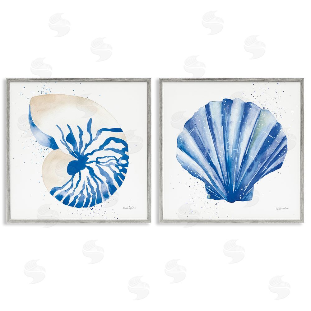 Mercedes Lopez Charro Serene Blue Seashell Clam Simple Design Gray Framed Giclee Wall Art Print