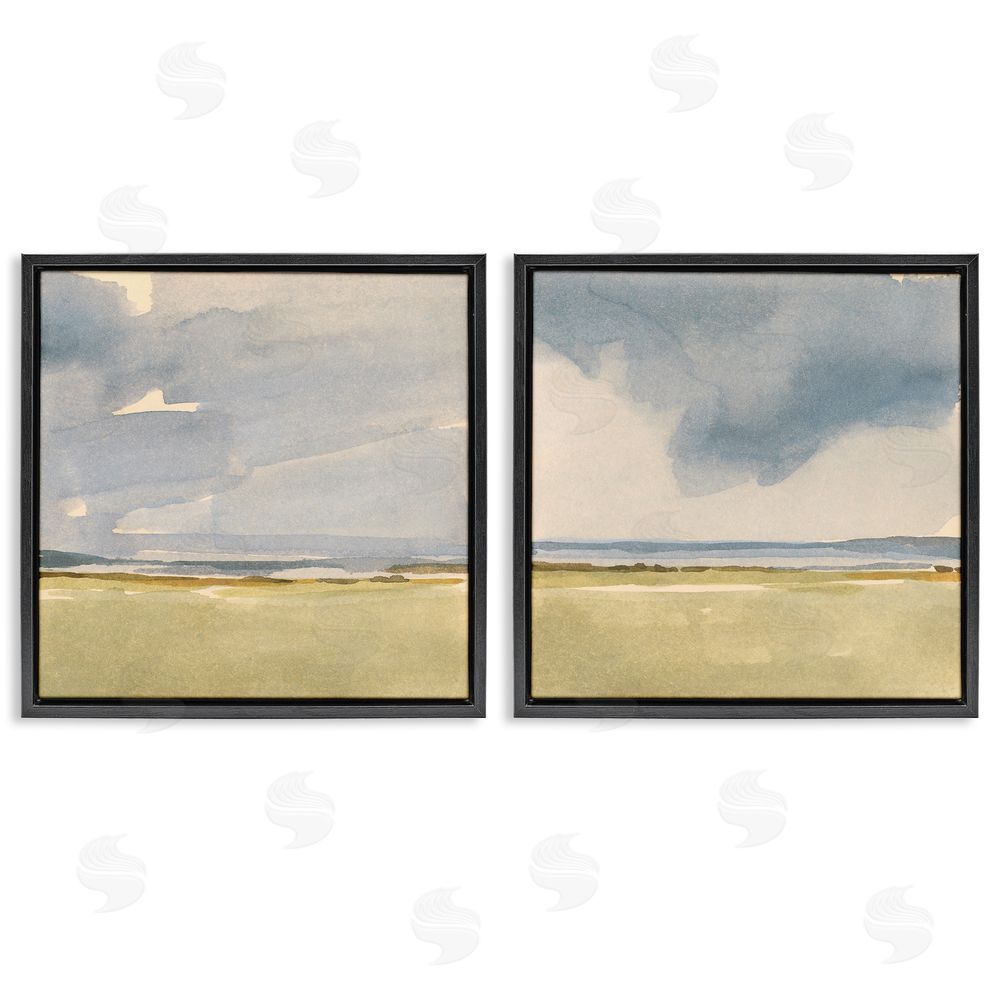 Victoria Barnes Cloudy Field Nature Landscape Watercolor Collage  Black Floating Frame Canvas Wall Art Print