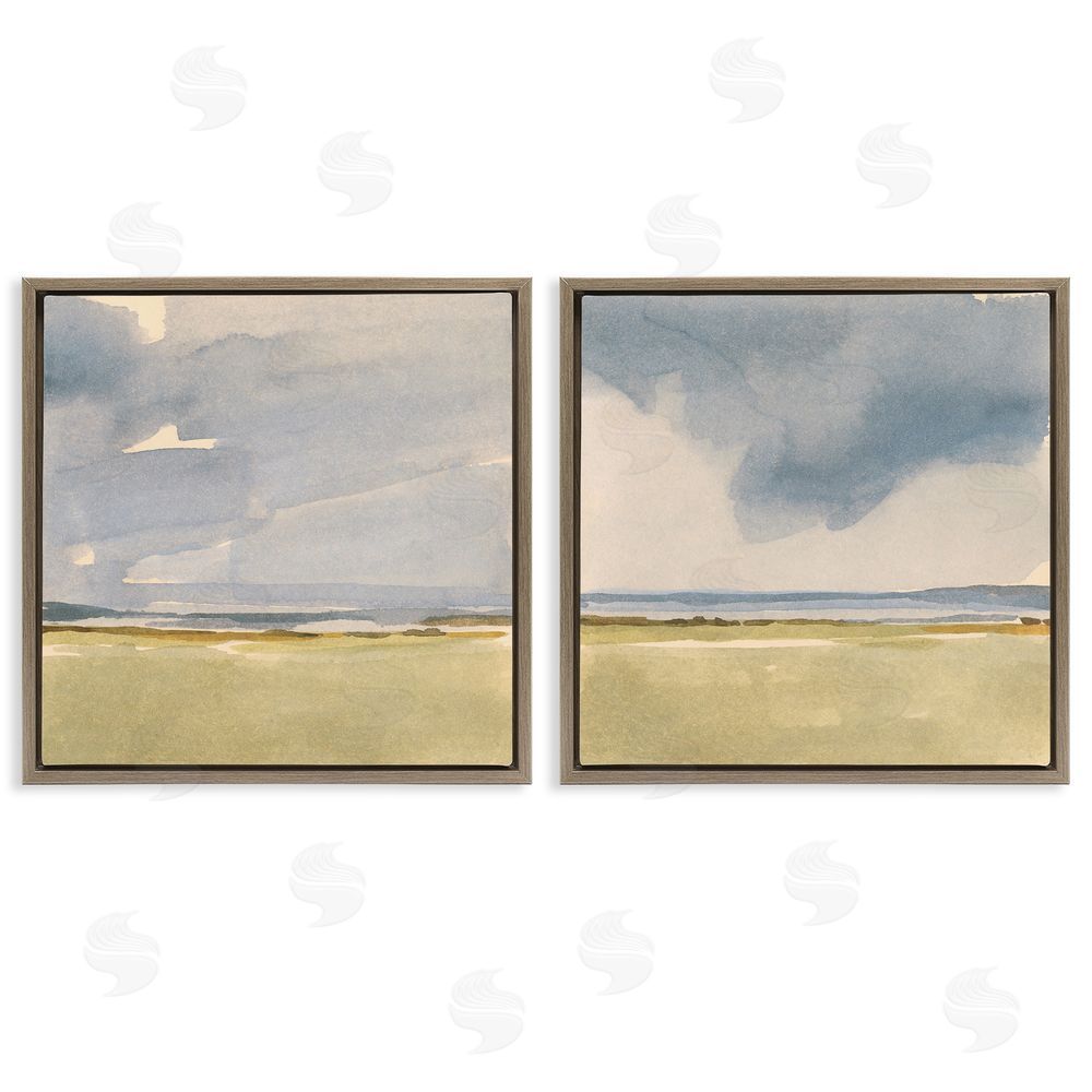 Victoria Barnes Cloudy Field Nature Landscape Watercolor Collage  Brown Floating Frame Canvas Wall Art Print