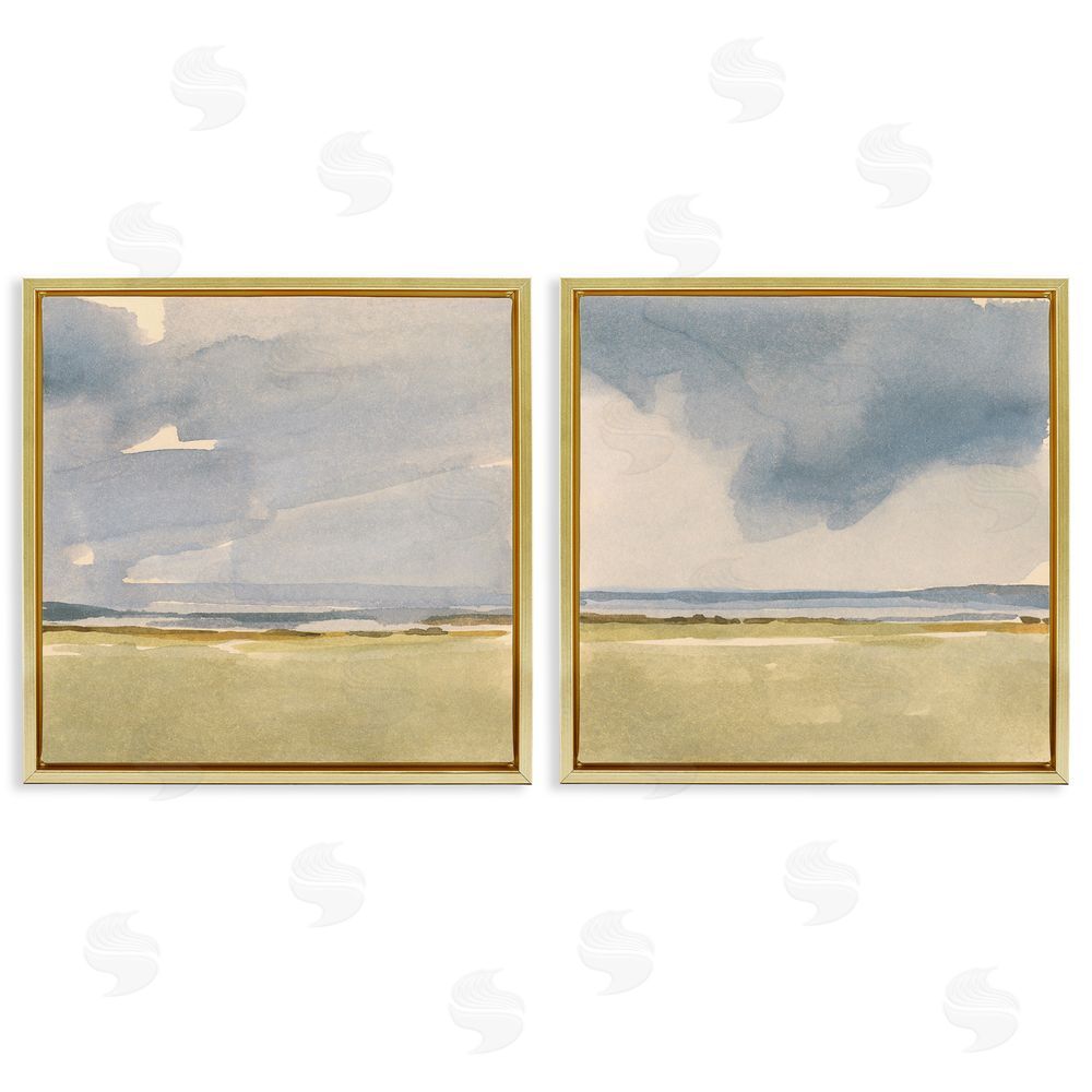 Victoria Barnes Cloudy Field Nature Landscape Watercolor Collage  Gold Floating Frame Canvas Wall Art Print