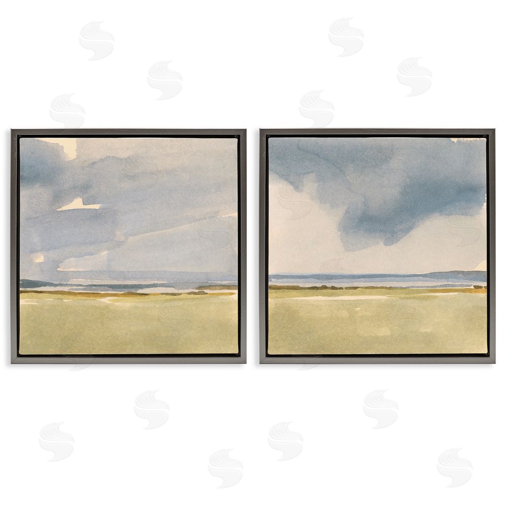 Victoria Barnes Cloudy Field Nature Landscape Watercolor Collage  Gray Floating Frame Canvas Wall Art Print