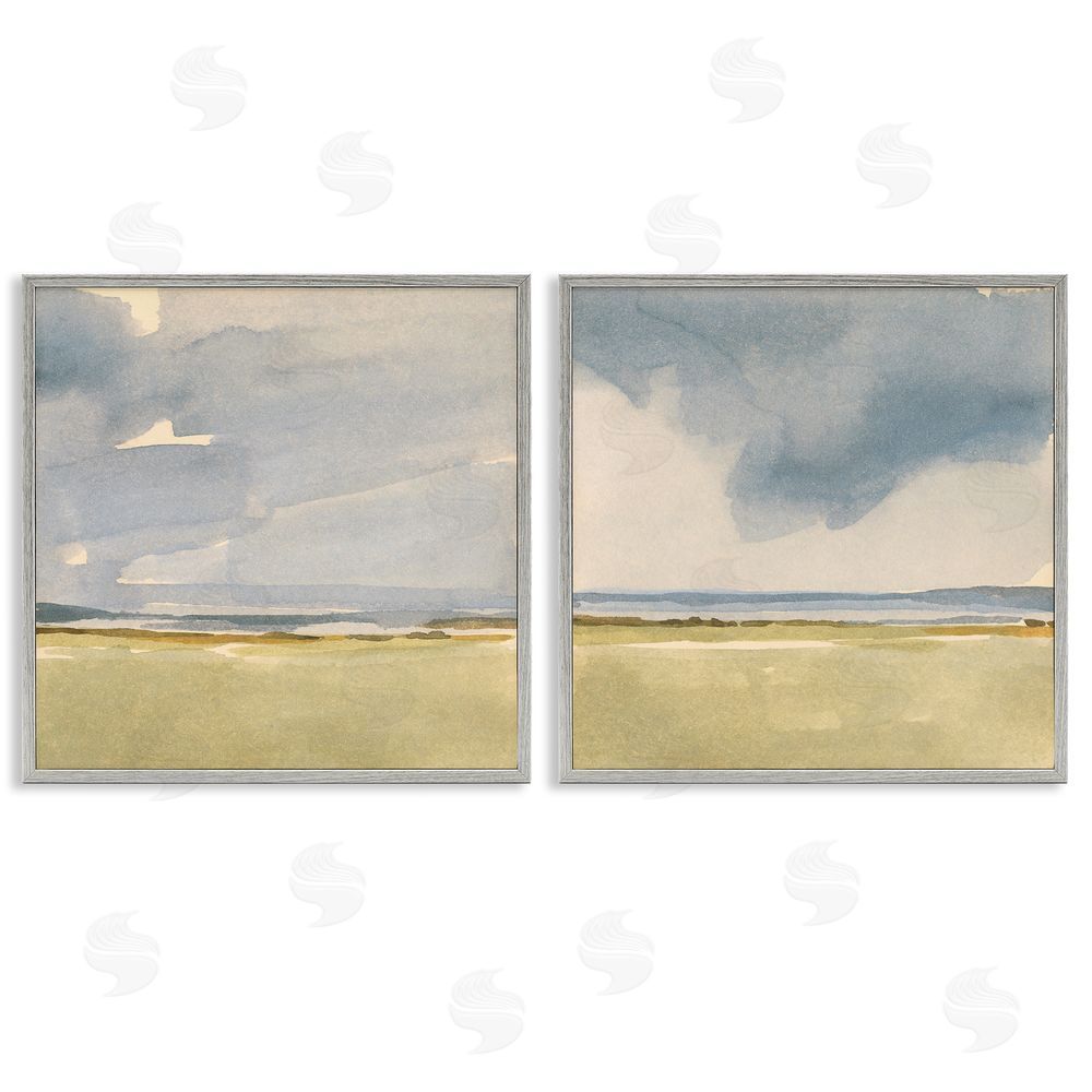 Victoria Barnes Cloudy Field Nature Landscape Watercolor Collage  Gray Framed Giclee Wall Art Print