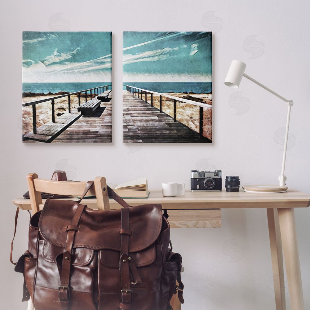 Ashley Aldridge Tranquil Pier Dock Beach Clear Blue Sky Canvas Wall Art Print in Room