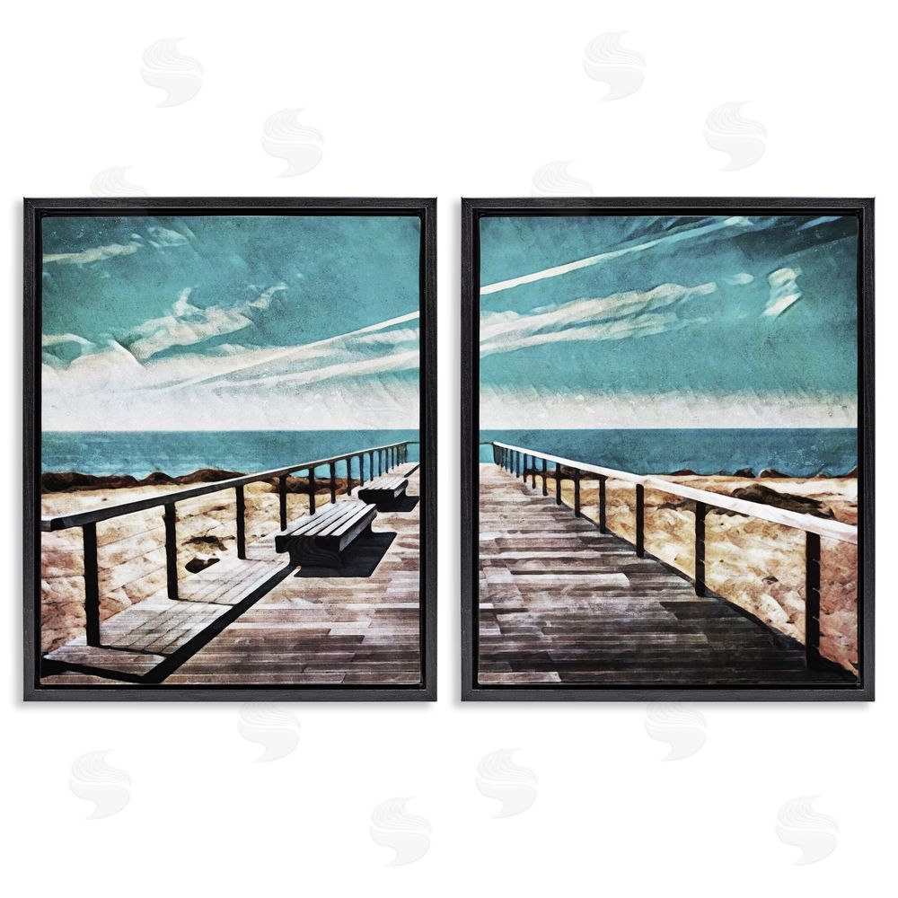 Ashley Aldridge Tranquil Pier Dock Beach Clear Blue Sky Black Floating Frame Canvas Wall Art Print