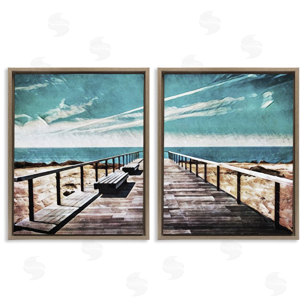 Ashley Aldridge Tranquil Pier Dock Beach Clear Blue Sky Brown Floating Frame Canvas Wall Art Print