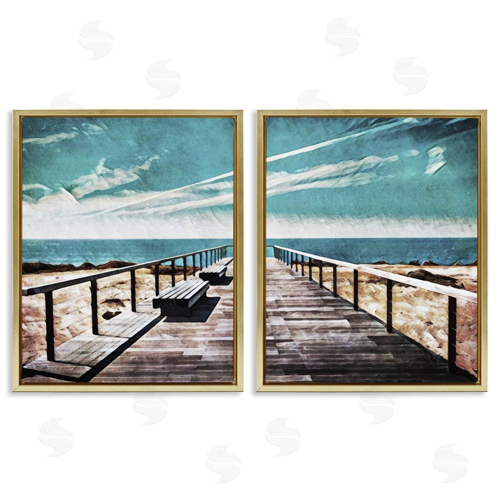 Ashley Aldridge Tranquil Pier Dock Beach Clear Blue Sky Gold Floating Frame Canvas Wall Art Print