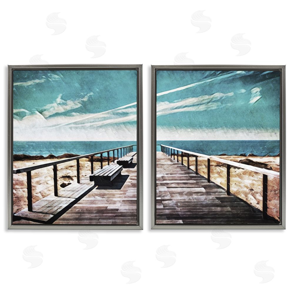 Ashley Aldridge Tranquil Pier Dock Beach Clear Blue Sky Gray Floating Frame Canvas Wall Art Print