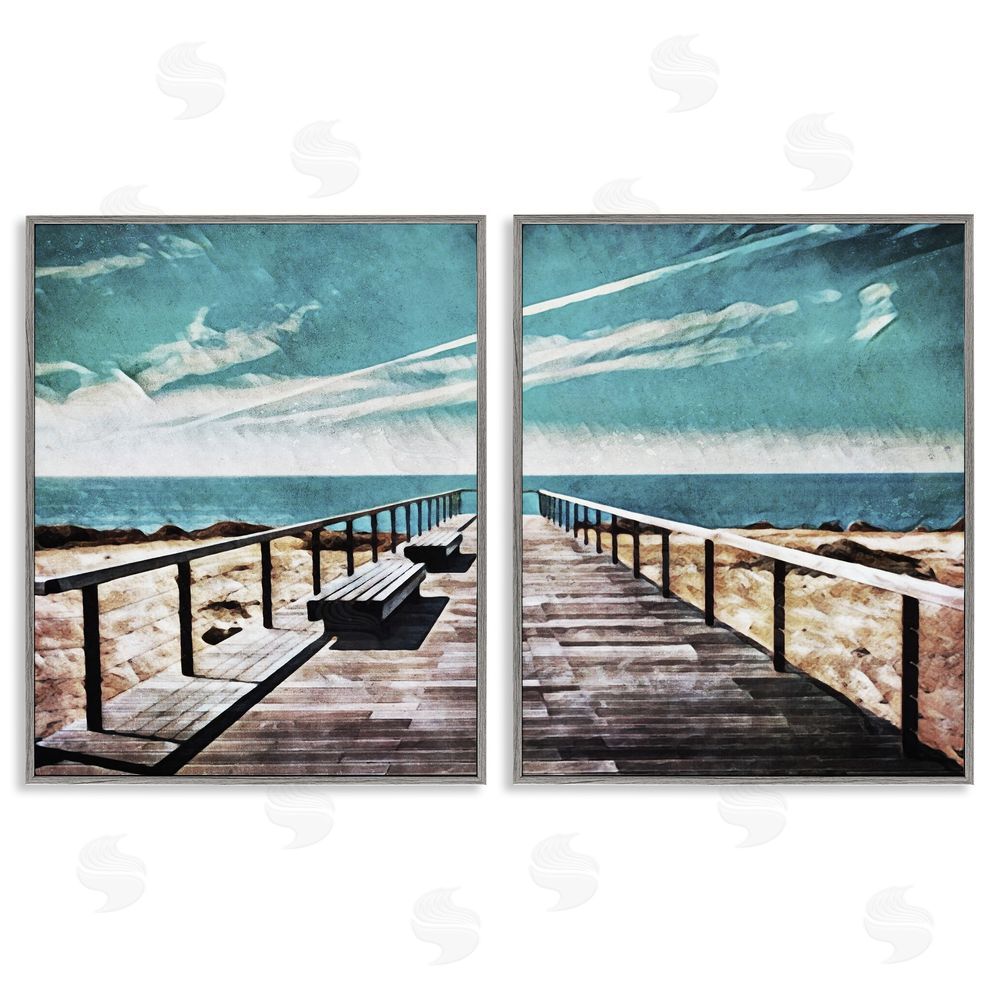 Ashley Aldridge Tranquil Pier Dock Beach Clear Blue Sky Gray Framed Giclee Wall Art Print