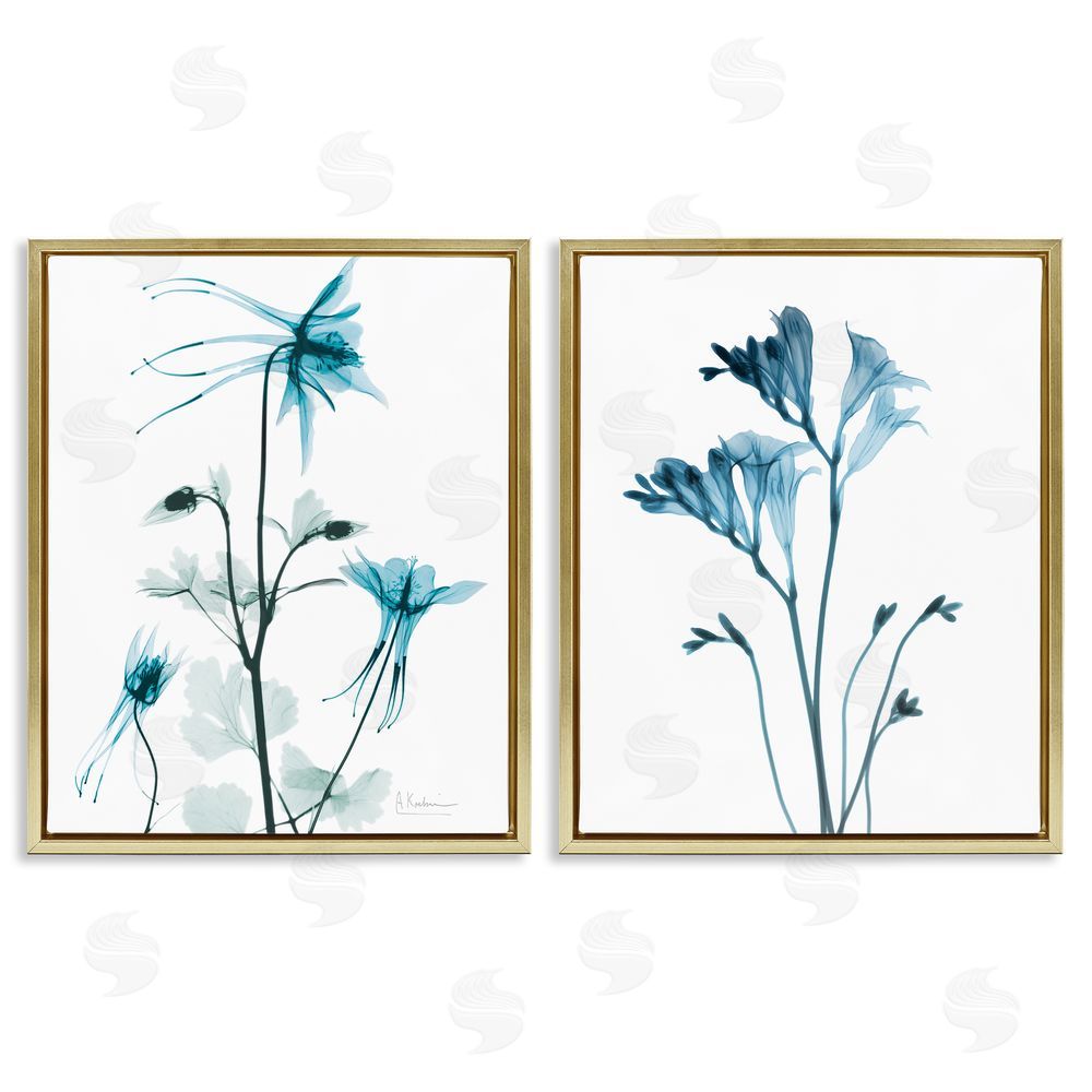 Albert Koetsier Beautiful Minimalist Blue Flower Plant Stem Gold Floating Frame Canvas Wall Art Print