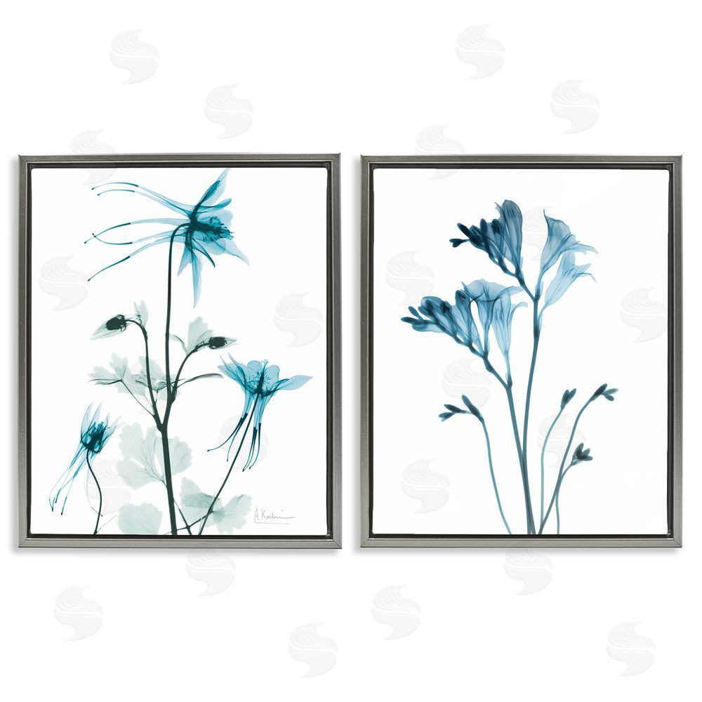 Albert Koetsier Beautiful Minimalist Blue Flower Plant Stem Gray Floating Frame Canvas Wall Art Print