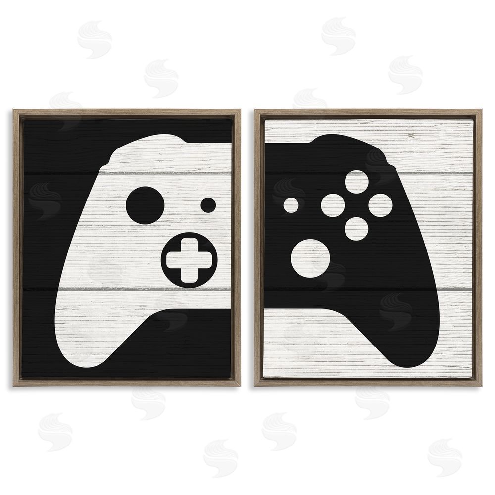 Stupell Studio Gaming Controller Monochromatic Grain Pattern Brown Floating Frame Canvas Wall Art Print